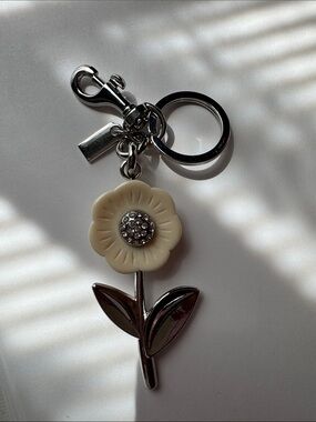 Floral Charm Keyring - Cream Flower with Rhinestone Center